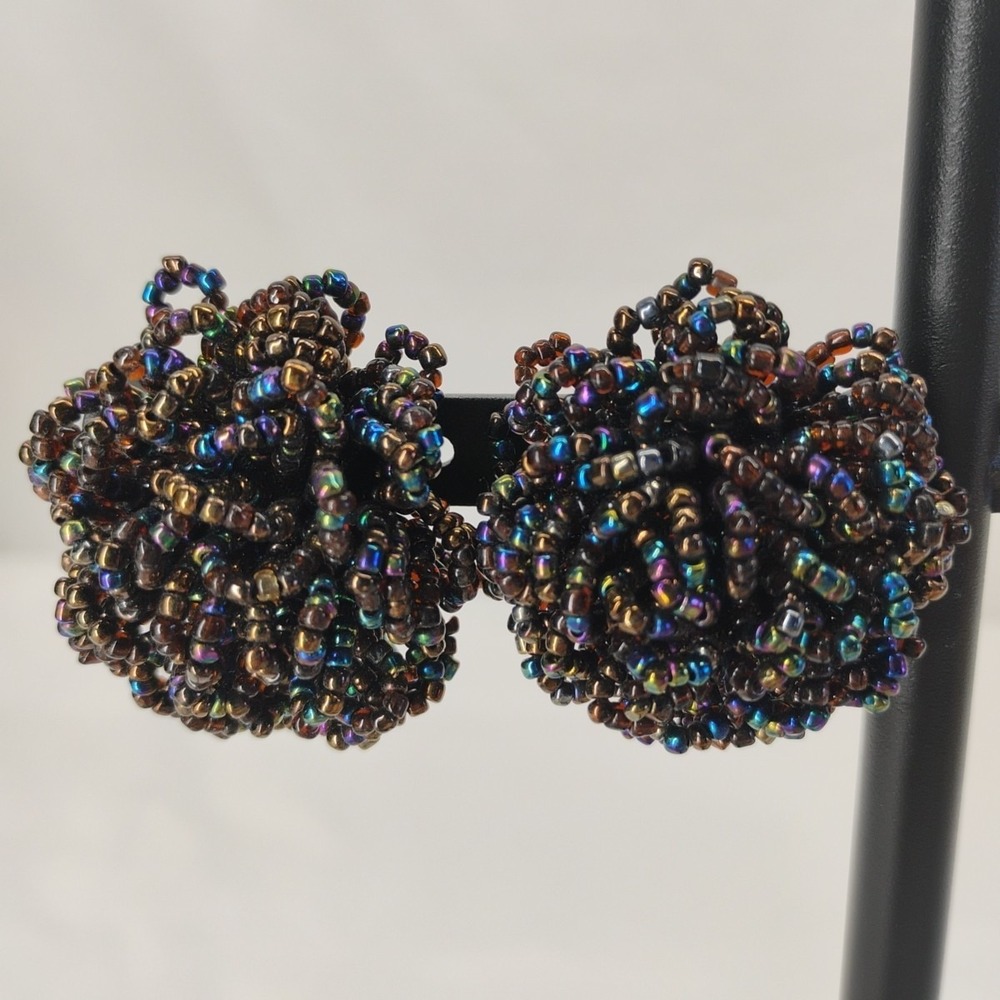 Vintage 60s Chunky Multicolored Beaded Cluster Statement Clip On Earrings